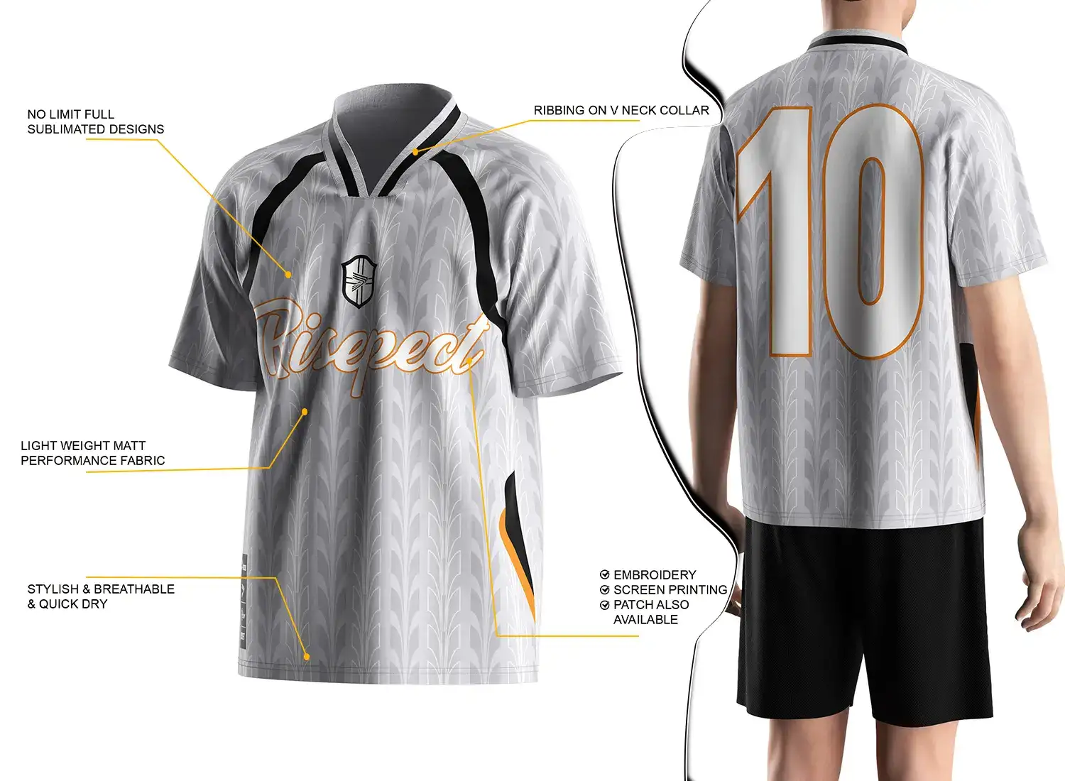 Vintage soccer jersey feature highlights, and a male model wearing the vintage soccer jersey, back view.