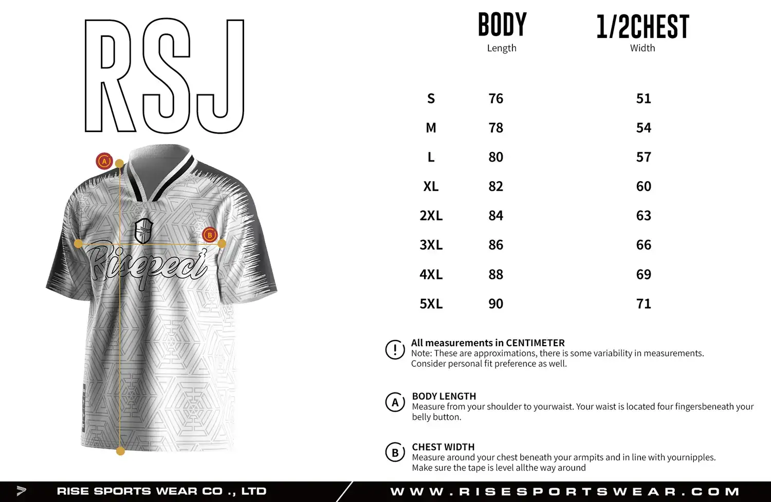 Adult size chart for the vintage soccer jersey, showing body length and 1/2 chest width measurements.