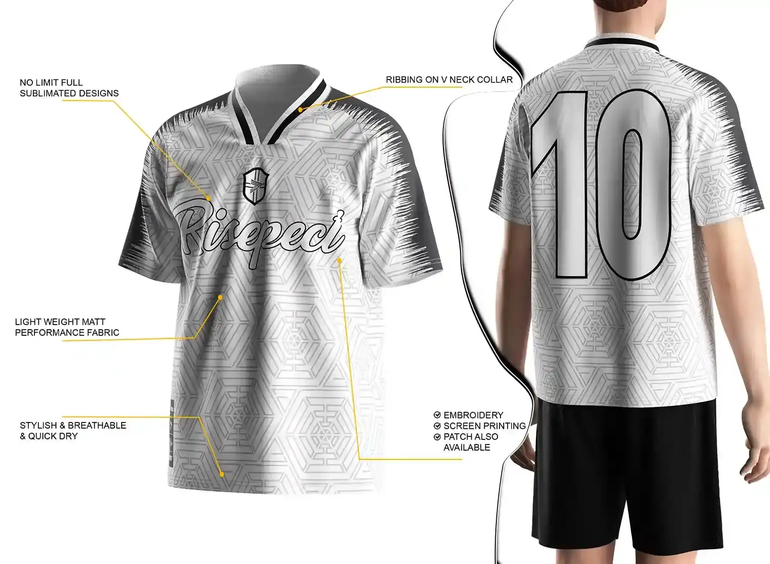 Vintage soccer jersey feature highlights, and a male model wearing the vintage soccer jersey, back view.