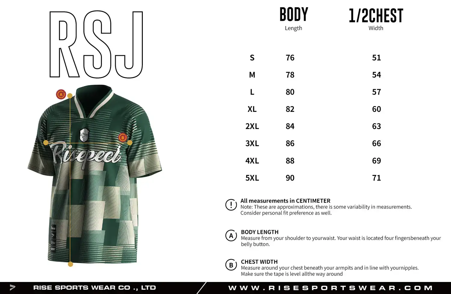 Adult size chart for the vintage soccer jersey, showing body length and 1/2 chest width measurements.