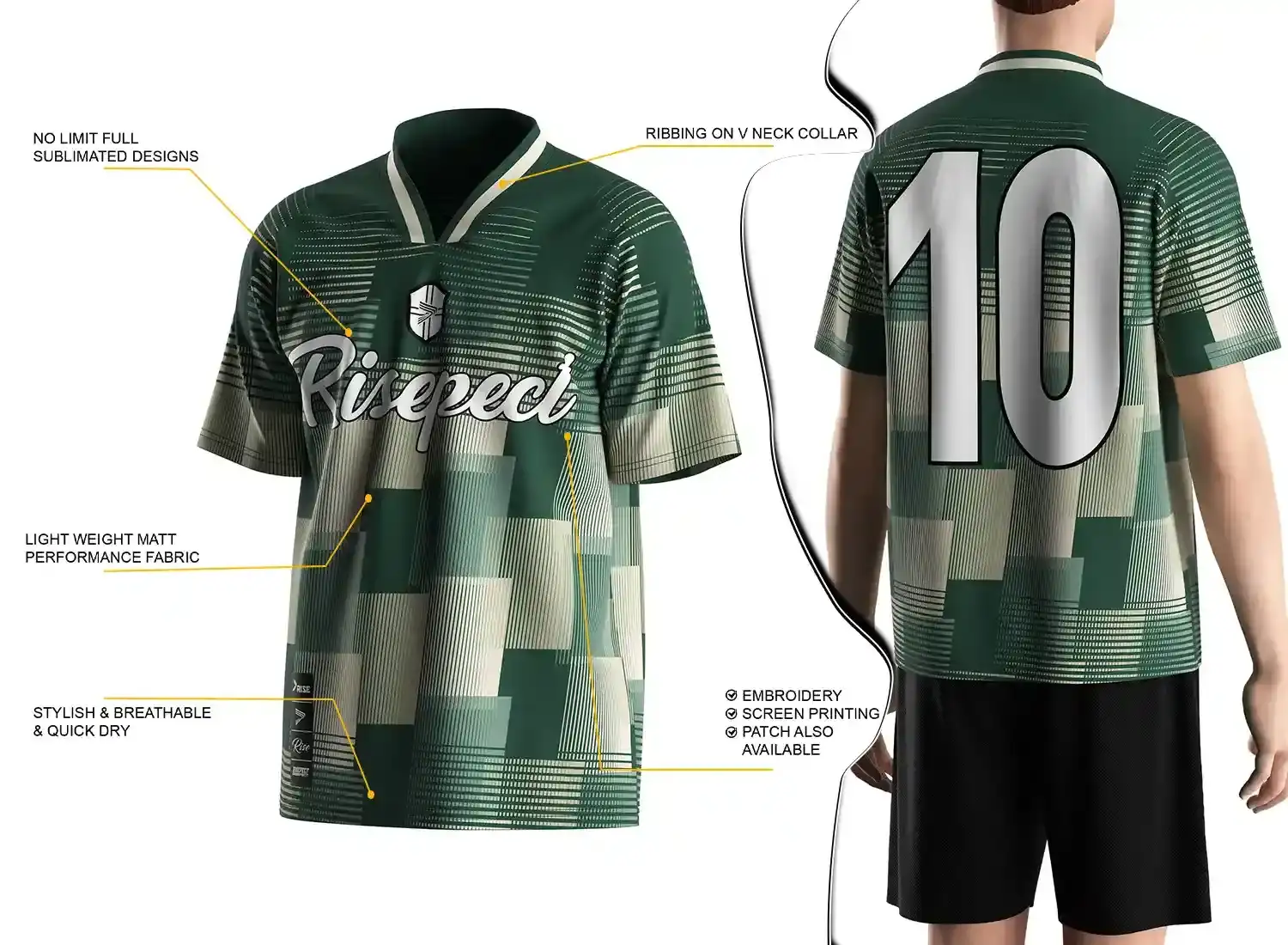 Vintage soccer jersey feature highlights, and a male model wearing the vintage soccer jersey, back view.