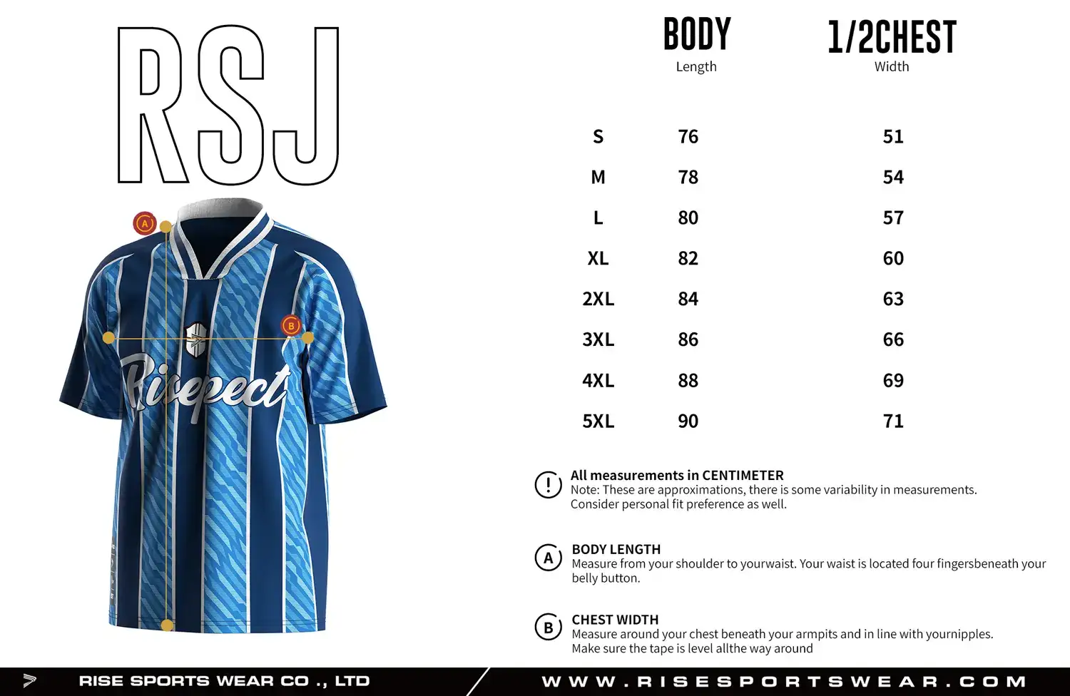 Adult size chart for the vintage soccer jersey, showing body length and 1/2 chest width measurements.