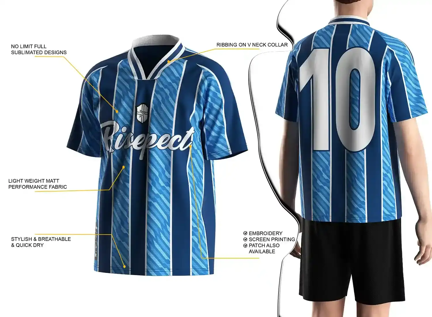 Vintage soccer jersey feature highlights, and a male model wearing the vintage soccer jersey, back view.