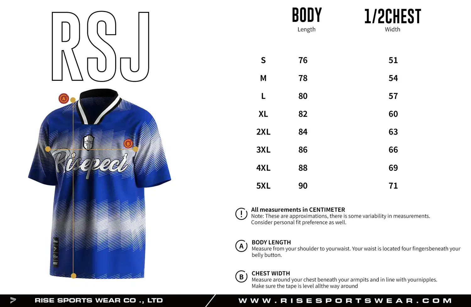 Adult size chart for the vintage soccer jersey, showing body length and 1/2 chest width measurements.