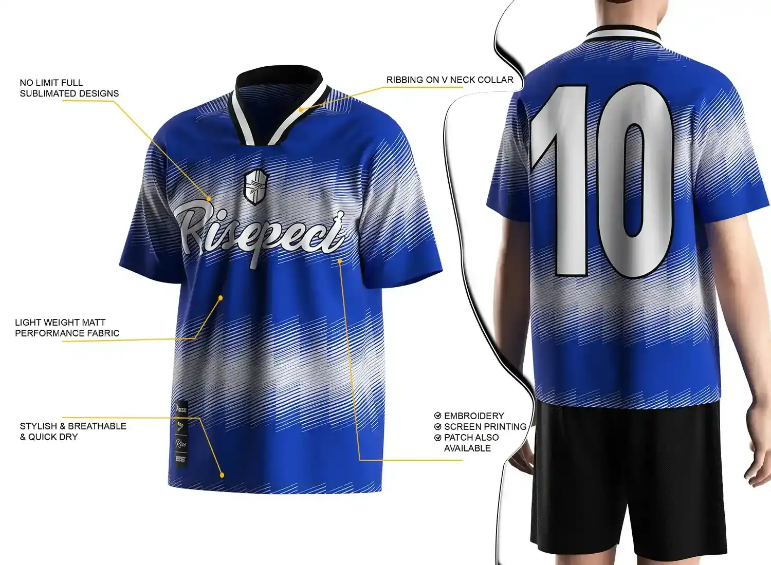 Vintage soccer jersey feature highlights, and a male model wearing the vintage soccer jersey, back view.