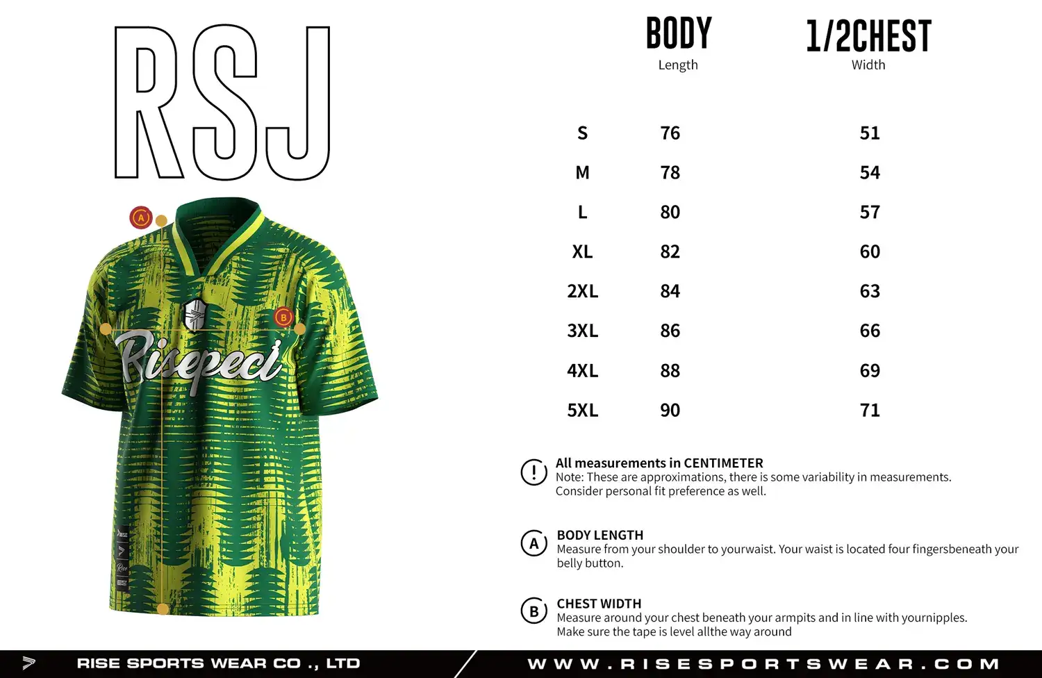 Adult size chart for the vintage soccer jersey, showing body length and 1/2 chest width measurements.