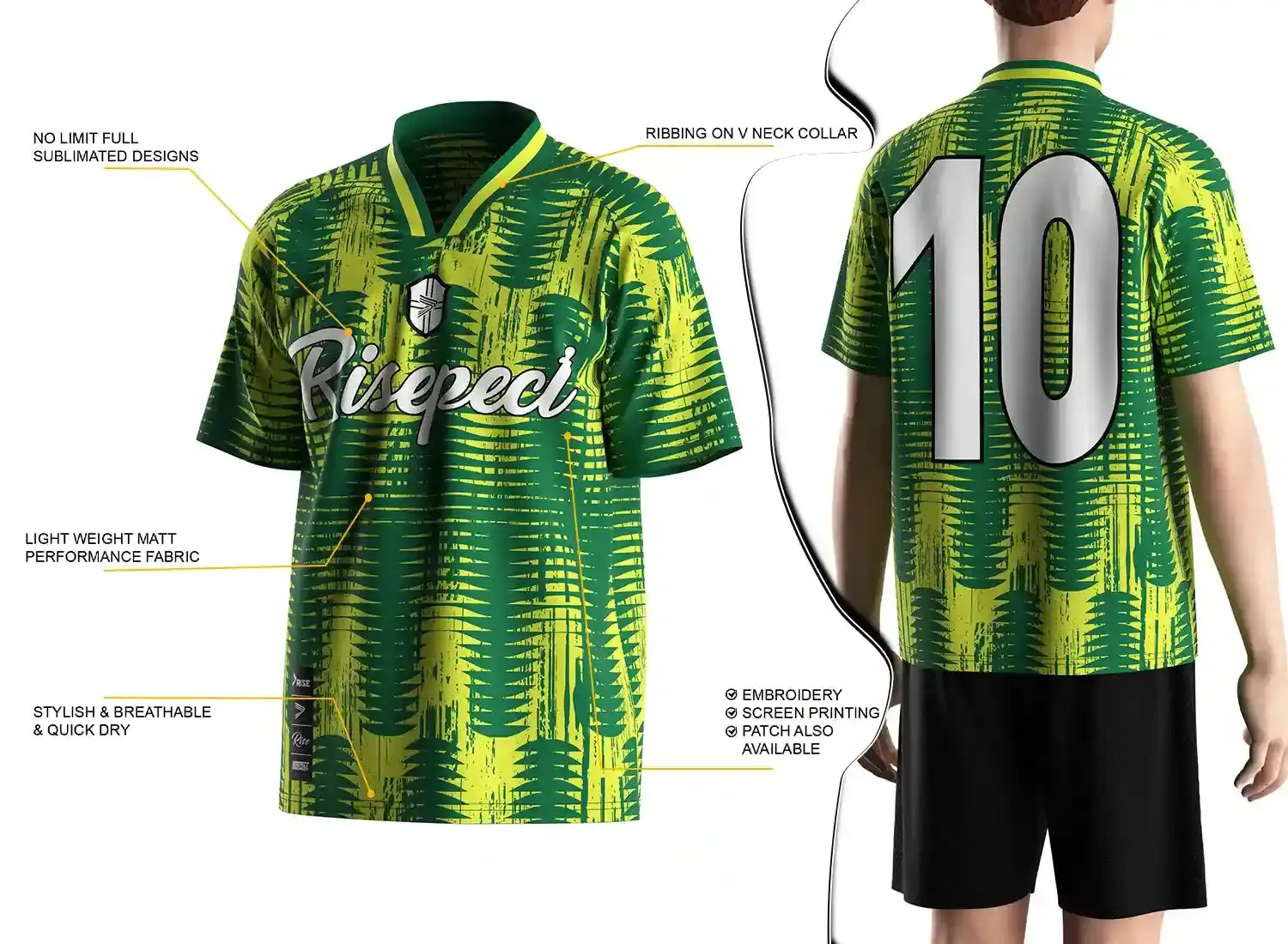 Vintage soccer jersey feature highlights, and a male model wearing the vintage soccer jersey, back view.