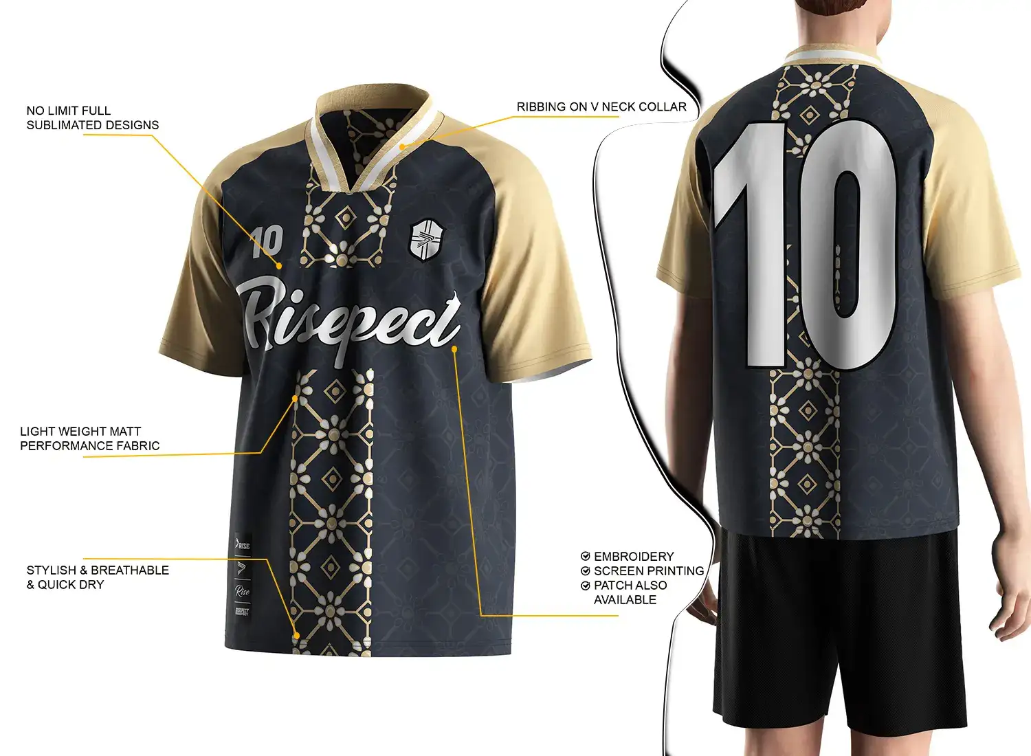 Vintage soccer jersey feature highlights, and a male model wearing the vintage soccer jersey, back view.