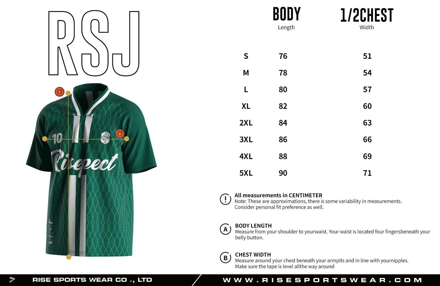 Adult size chart for the vintage soccer jersey, showing body length and 1/2 chest width measurements.