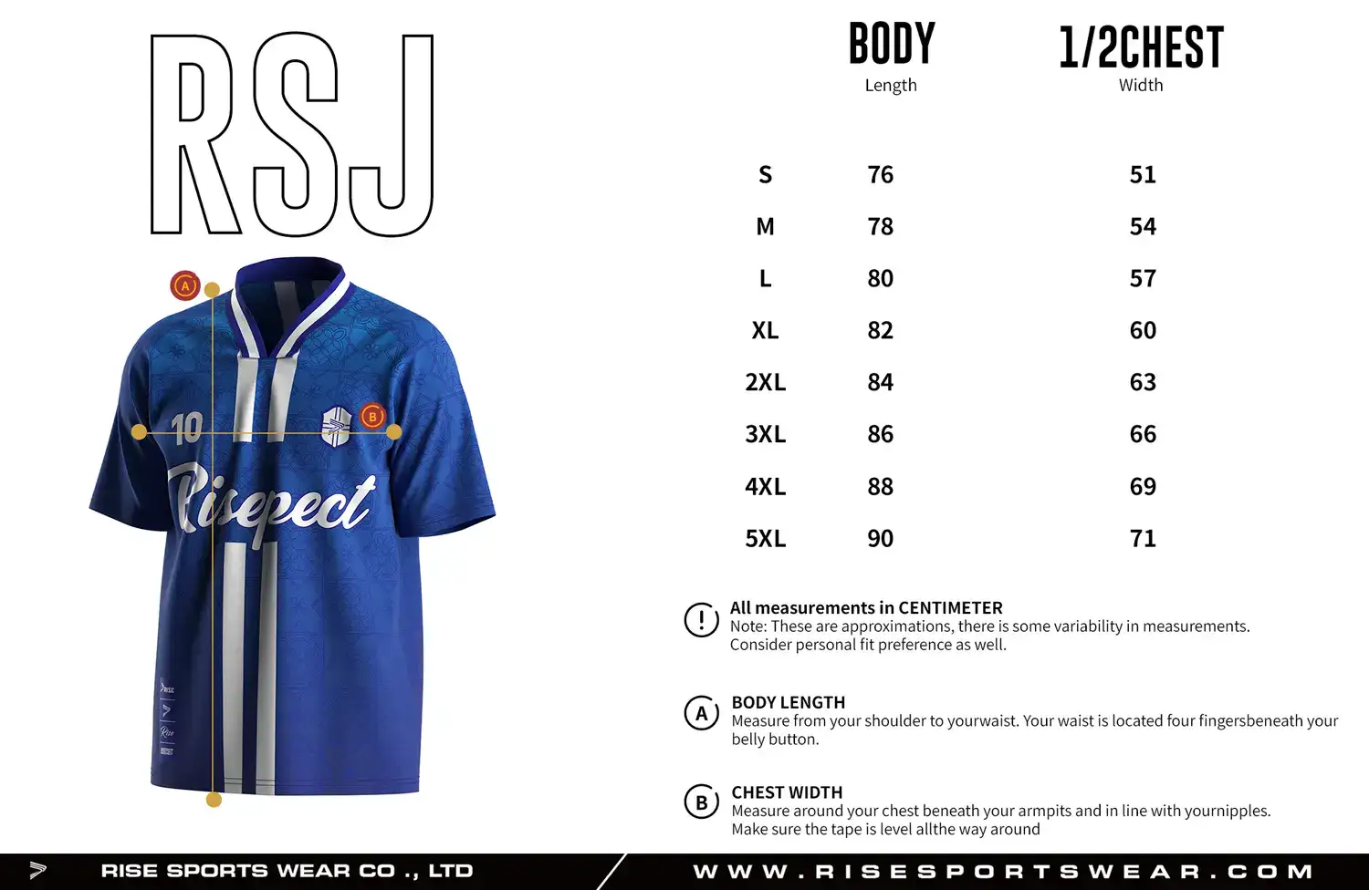 Adult size chart for the vintage soccer jersey, showing body length and 1/2 chest width measurements.