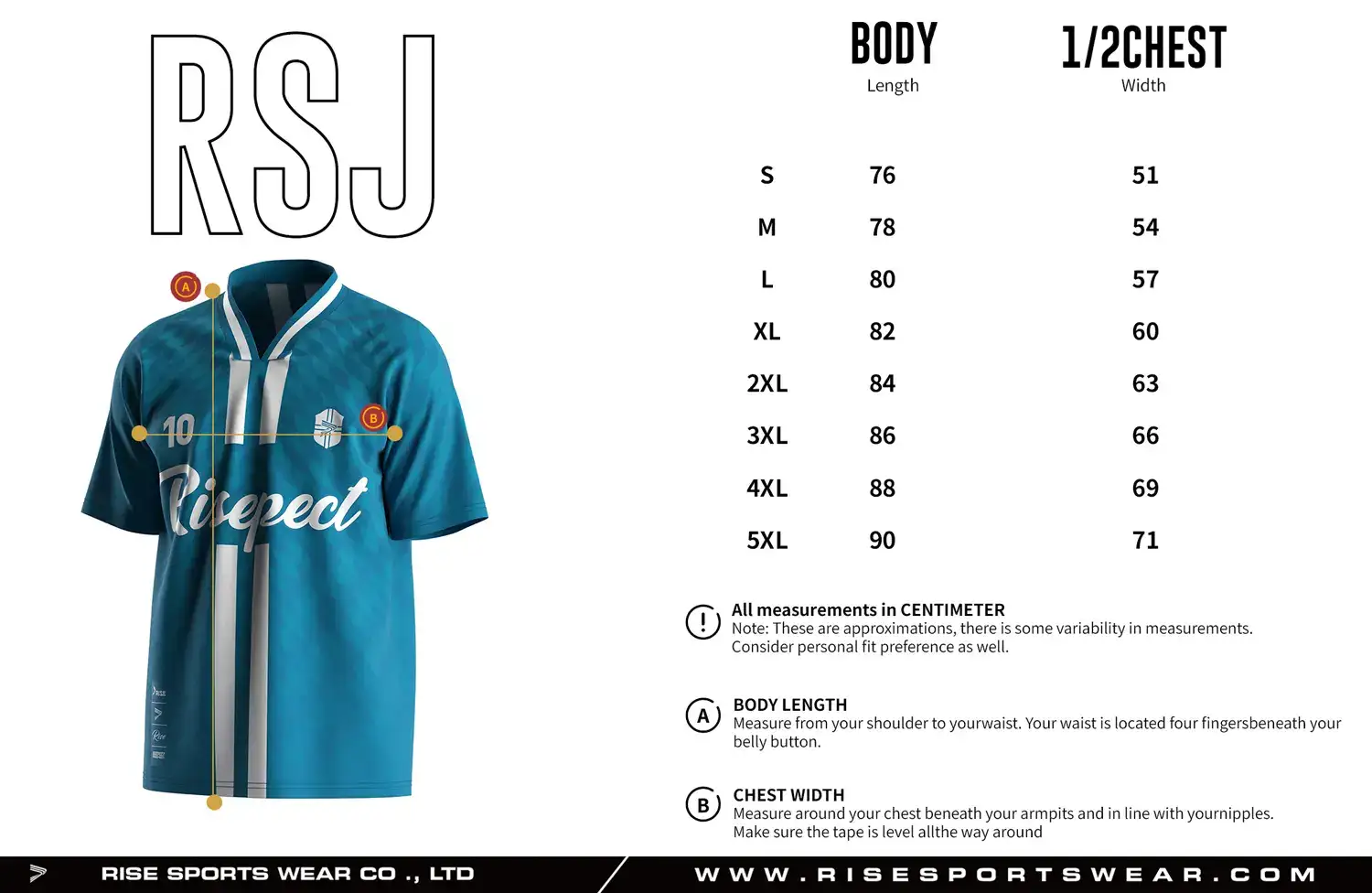 Adult size chart for the vintage soccer jersey, showing body length and 1/2 chest width measurements.