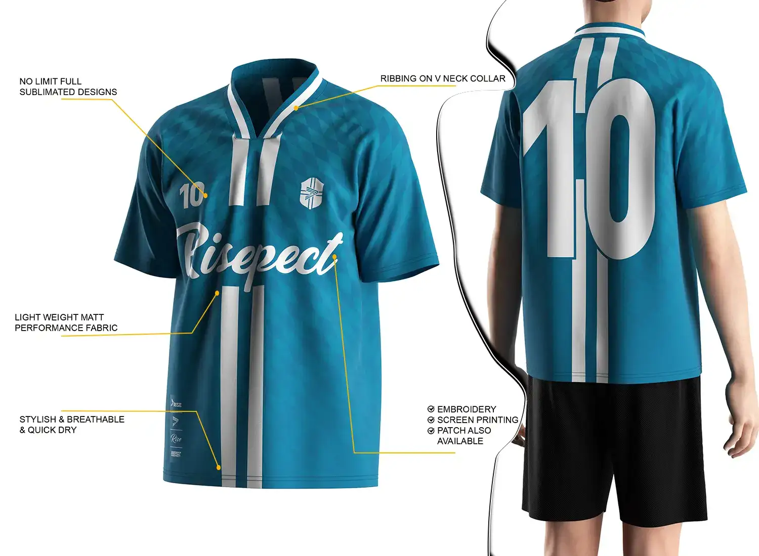 Vintage soccer jersey feature highlights, and a male model wearing the vintage soccer jersey, back view.