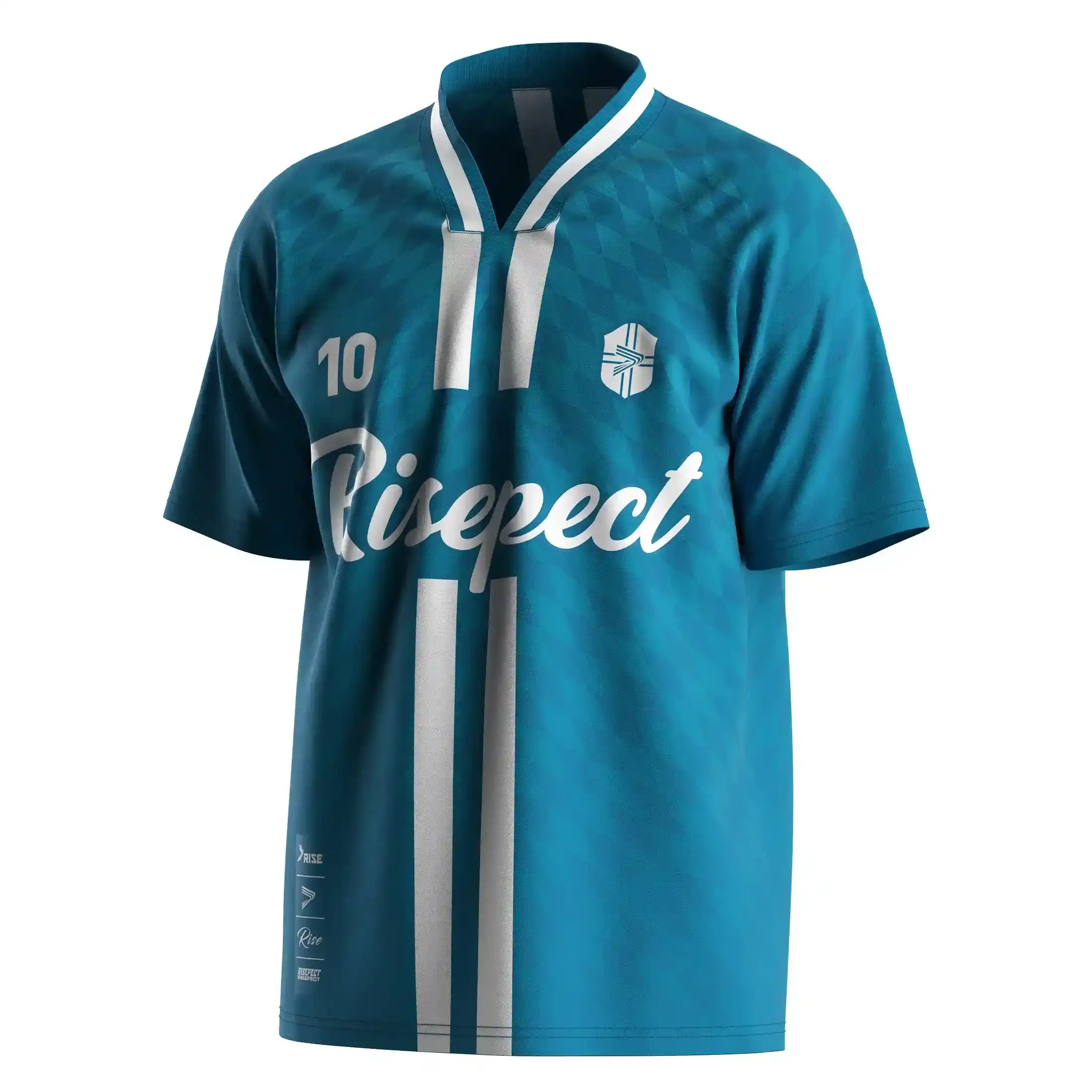 
                Ocean Blue Soccer Jersey Supplier Cultural Motif Ribbed High Neck