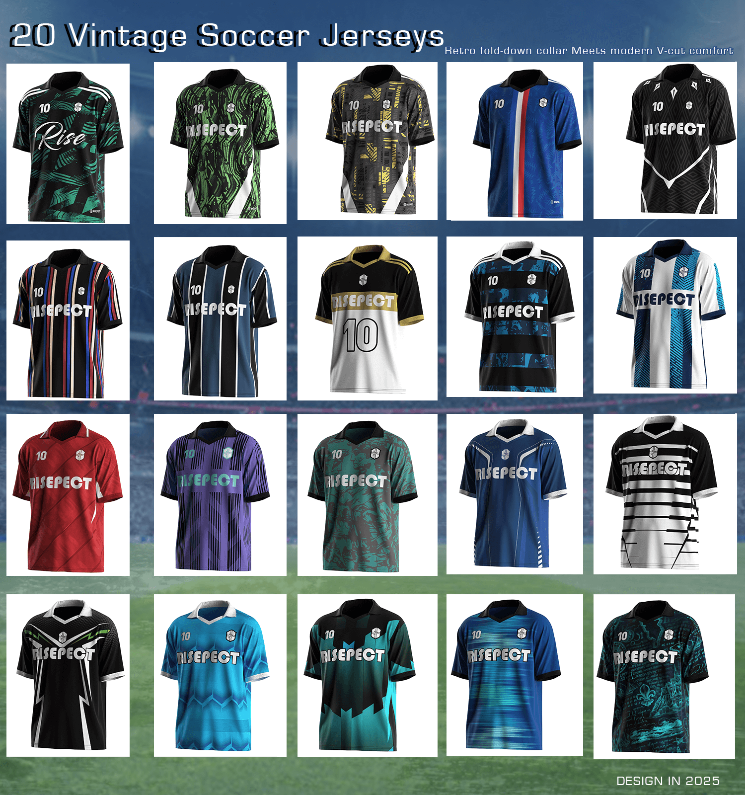 Collection of 20 different color and graphic variations of the vintage soccer jersey, featuring a folded collar and V-cut neckline.