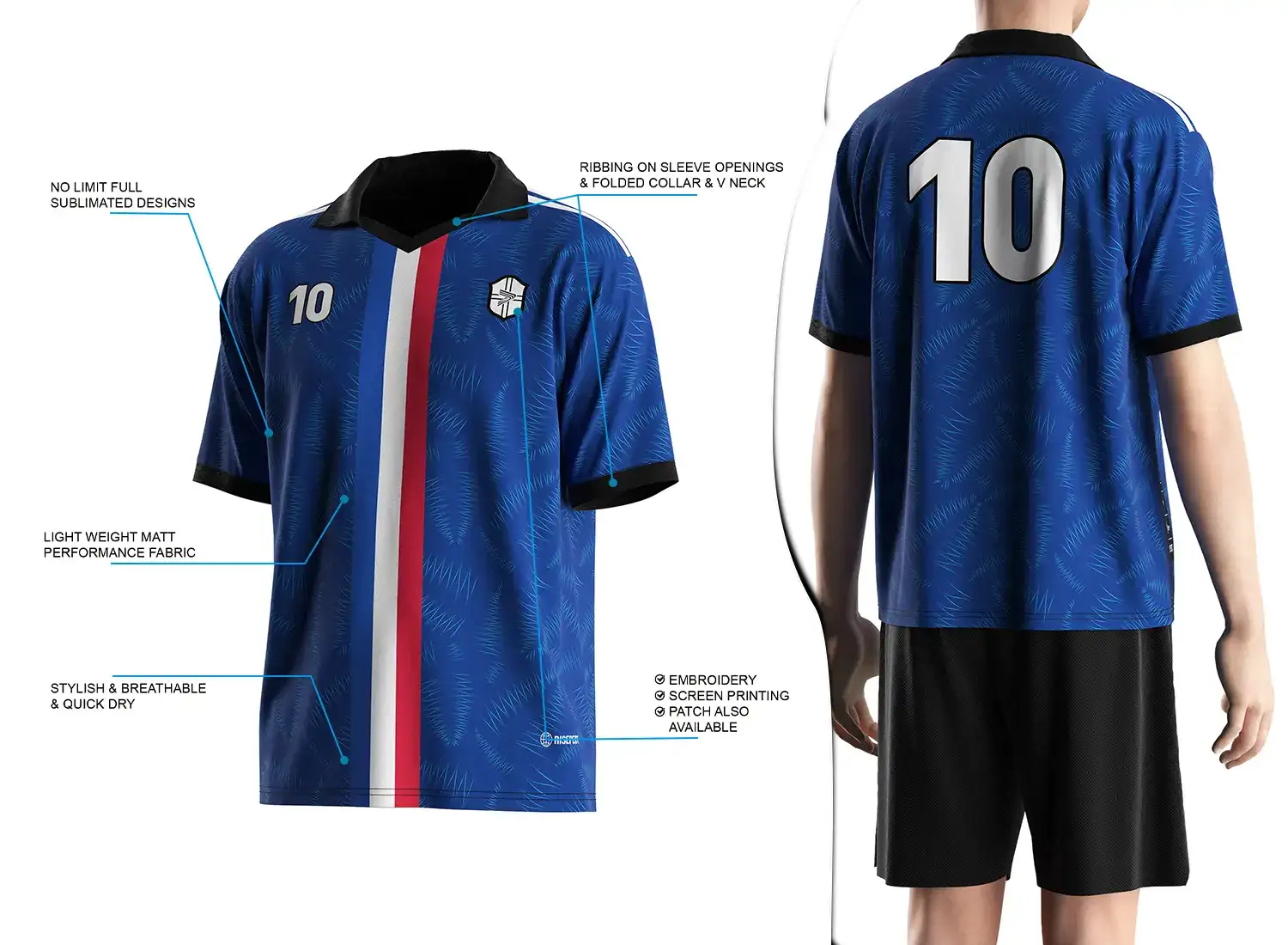 Vintage soccer jersey with a folded collar and small V-cut design shown on the left with feature highlights, and a male model wearing the jersey from the back view on the right.