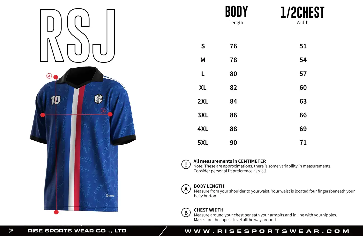 Adult size chart for the vintage soccer jersey with folded collar and V-cut neck, displaying garment length and half-chest width measurements.