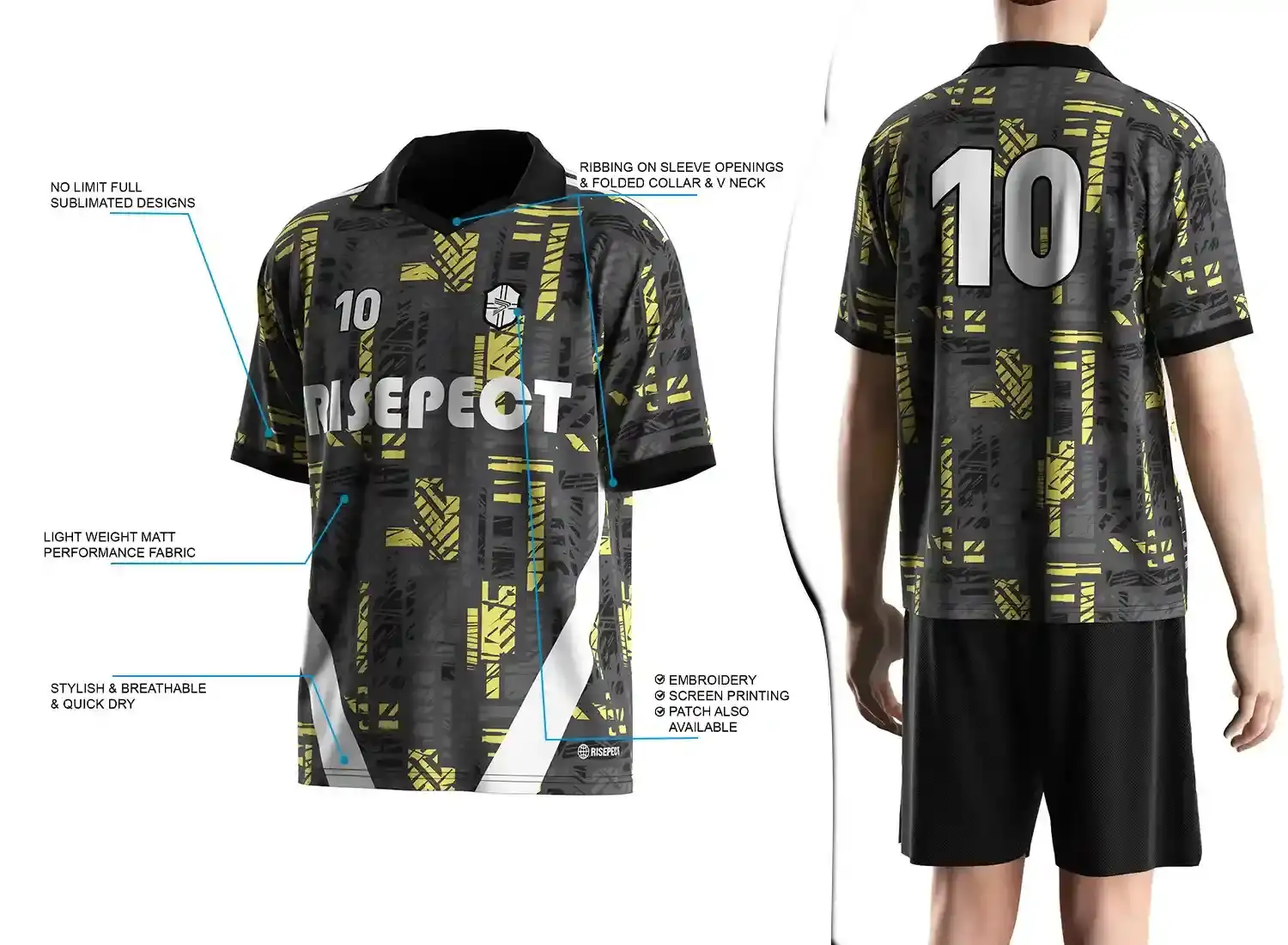 Vintage soccer jersey with a folded collar and small V-cut design shown on the left with feature highlights, and a male model wearing the jersey from the back view on the right.