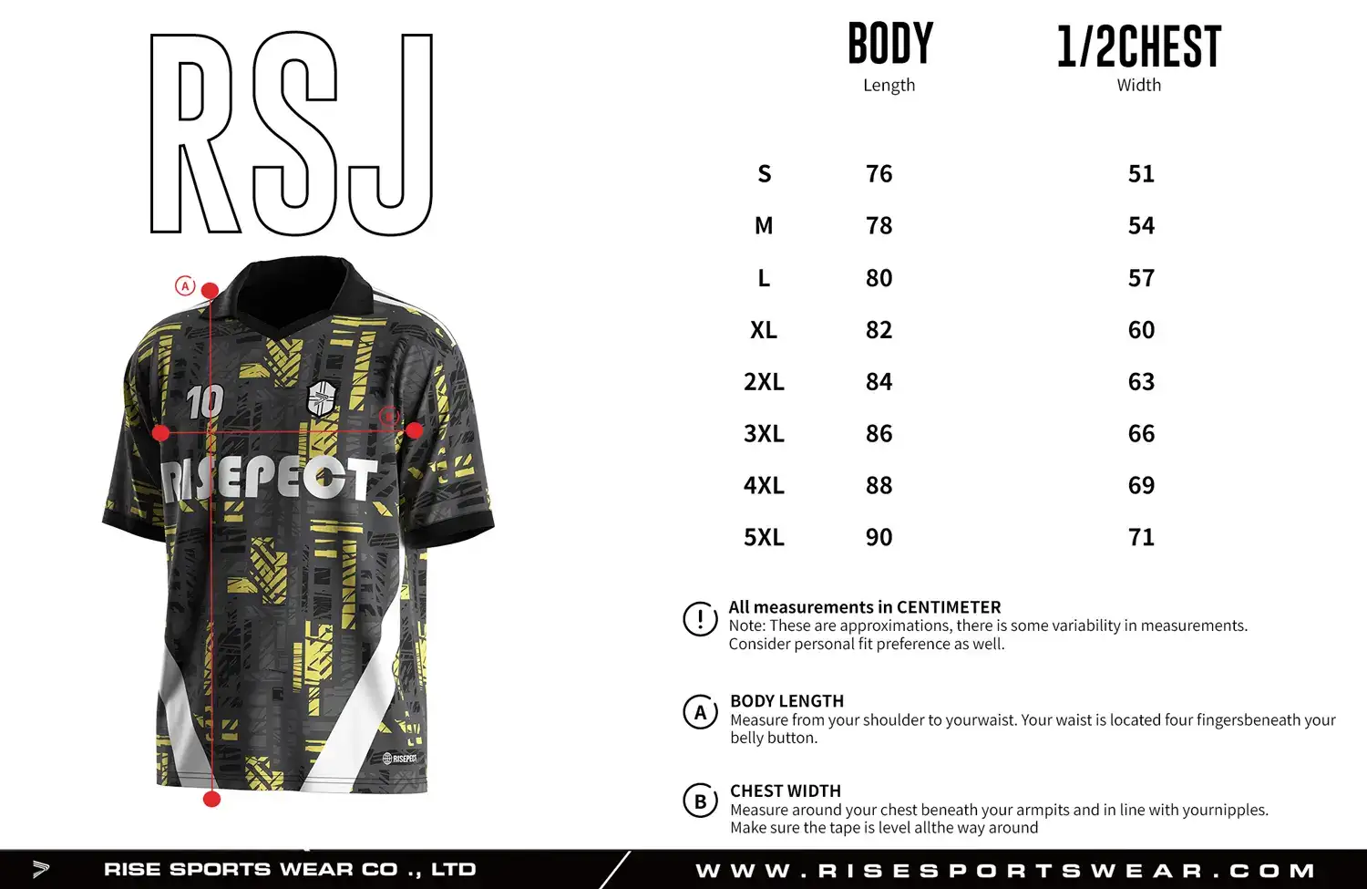 Adult size chart for the vintage soccer jersey with folded collar and V-cut neck, displaying garment length and half-chest width measurements.
