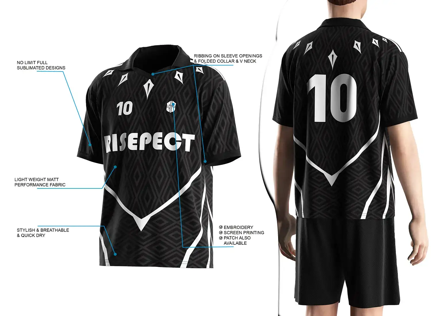 Vintage soccer jersey with a folded collar and small V-cut design shown on the left with feature highlights, and a male model wearing the jersey from the back view on the right.