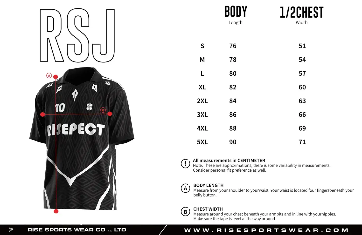 Adult size chart for the vintage soccer jersey with folded collar and V-cut neck, displaying garment length and half-chest width measurements.