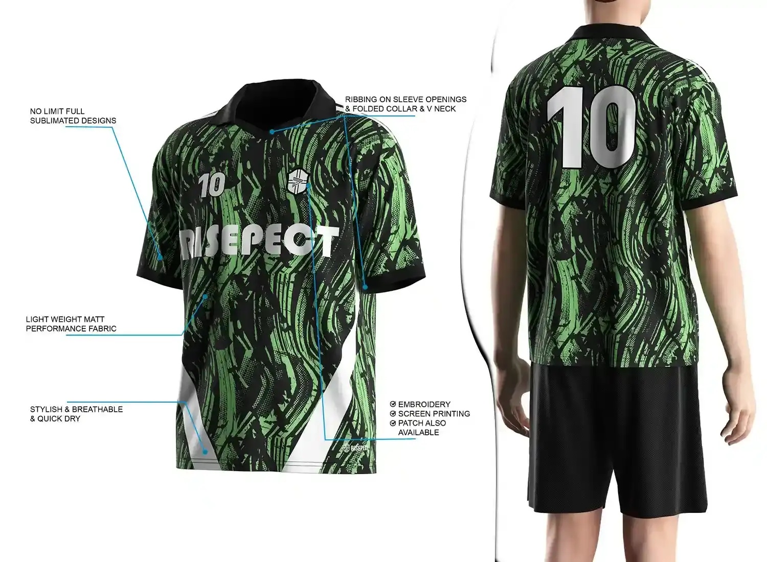 Vintage soccer jersey with a folded collar and small V-cut design shown on the left with feature highlights, and a male model wearing the jersey from the back view on the right.