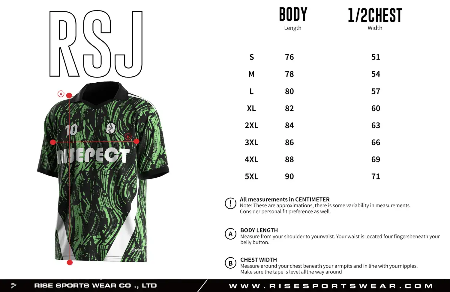 Adult size chart for the vintage soccer jersey with folded collar and V-cut neck, displaying garment length and half-chest width measurements.