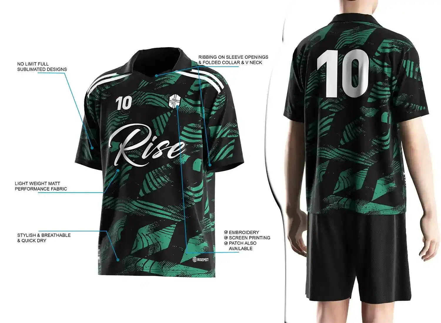 Vintage soccer jersey with a folded collar and small V-cut design shown on the left with feature highlights, and a male model wearing the jersey from the back view on the right.