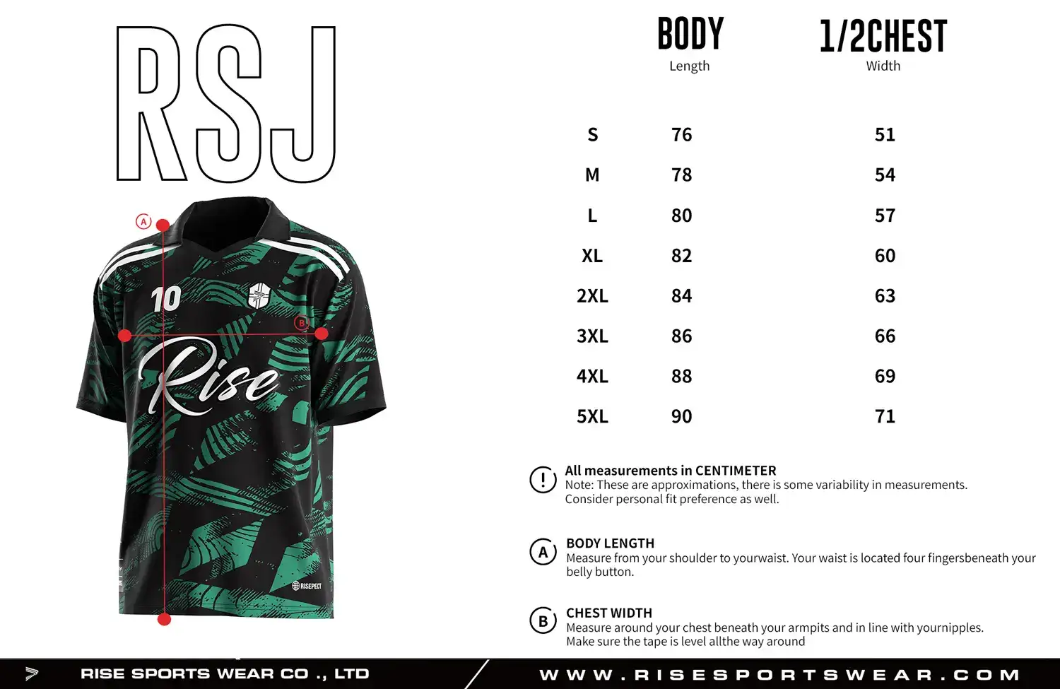 Adult size chart for the vintage soccer jersey with folded collar and V-cut neck, displaying garment length and half-chest width measurements.