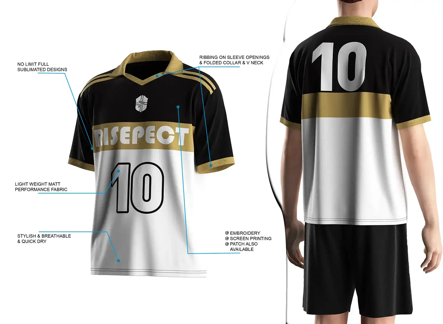 Vintage soccer jersey with a folded collar and small V-cut design shown on the left with feature highlights, and a male model wearing the jersey from the back view on the right.