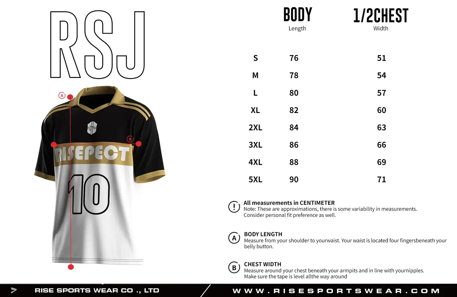 Adult size chart for the vintage soccer jersey with folded collar and V-cut neck, displaying garment length and half-chest width measurements.
