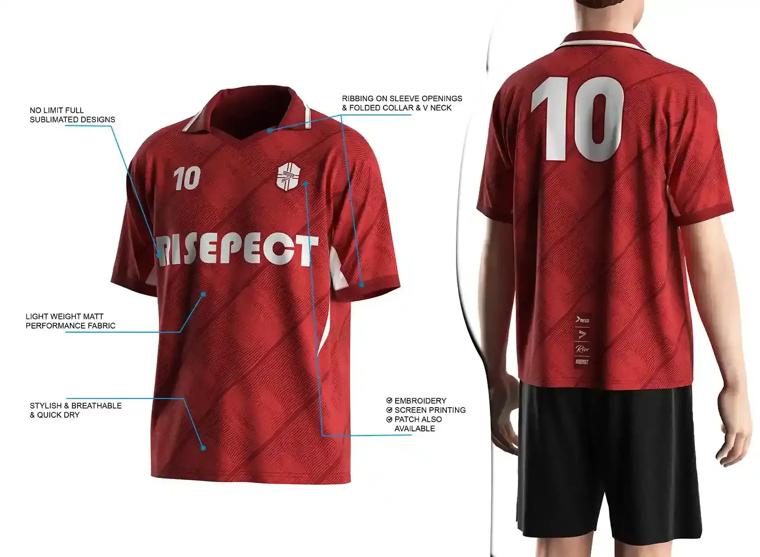 Vintage soccer jersey with a folded collar and small V-cut design shown on the left with feature highlights, and a male model wearing the jersey from the back view on the right.