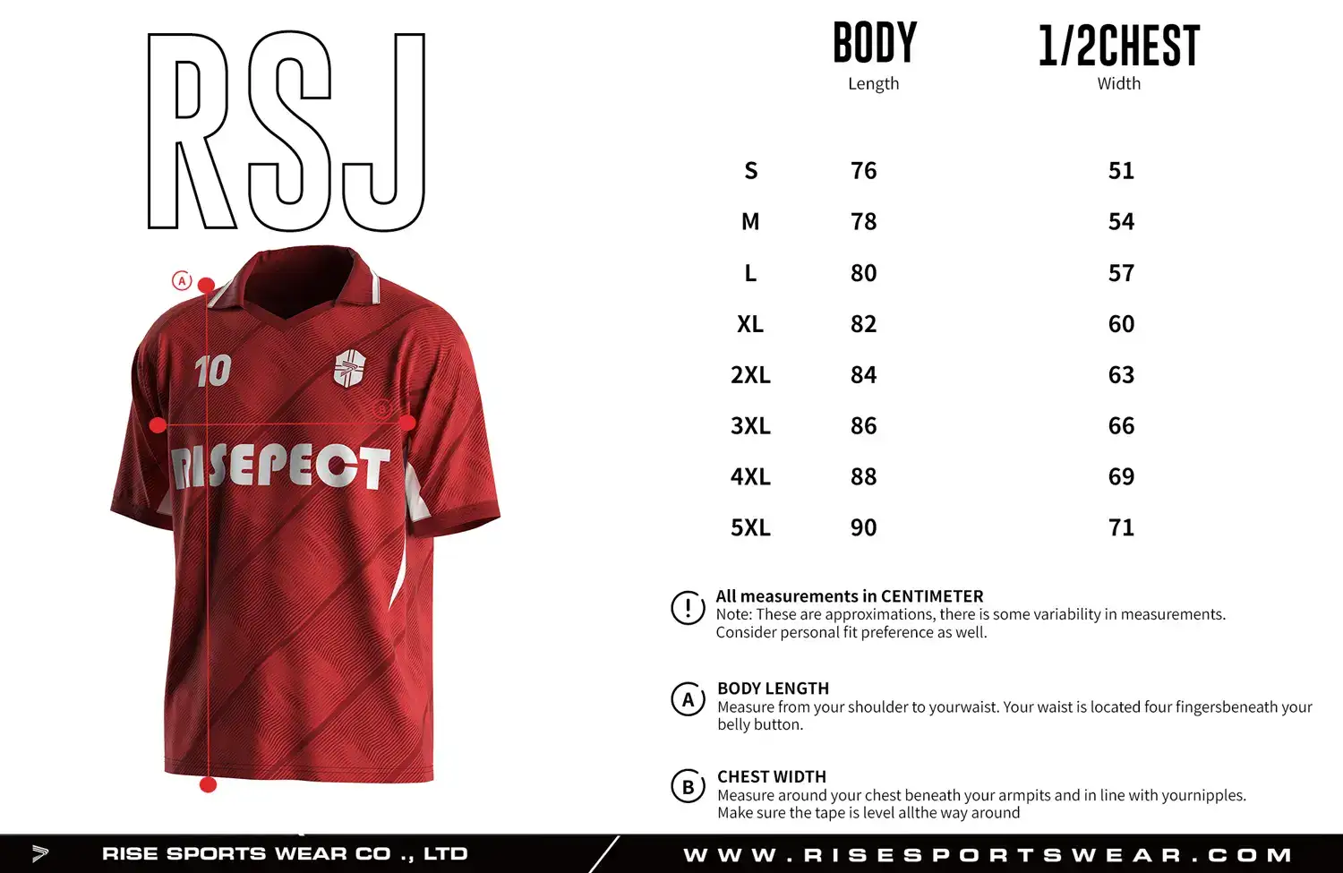 Adult size chart for the vintage soccer jersey with folded collar and V-cut neck, displaying garment length and half-chest width measurements.