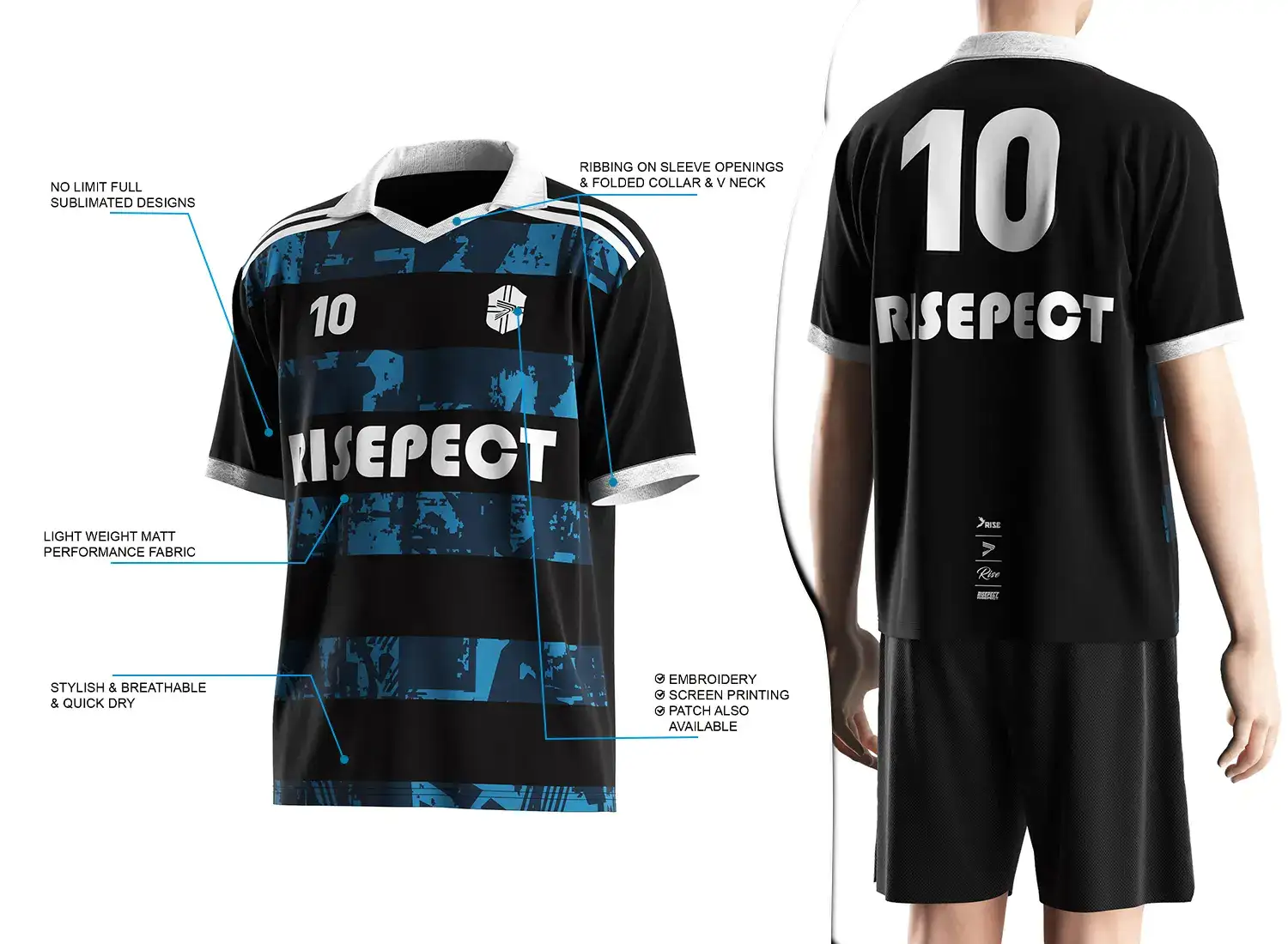 Vintage soccer jersey with a folded collar and small V-cut design shown on the left with feature highlights, and a male model wearing the jersey from the back view on the right.