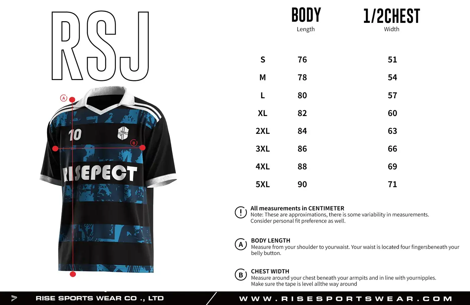 Adult size chart for the vintage soccer jersey with folded collar and V-cut neck, displaying garment length and half-chest width measurements.