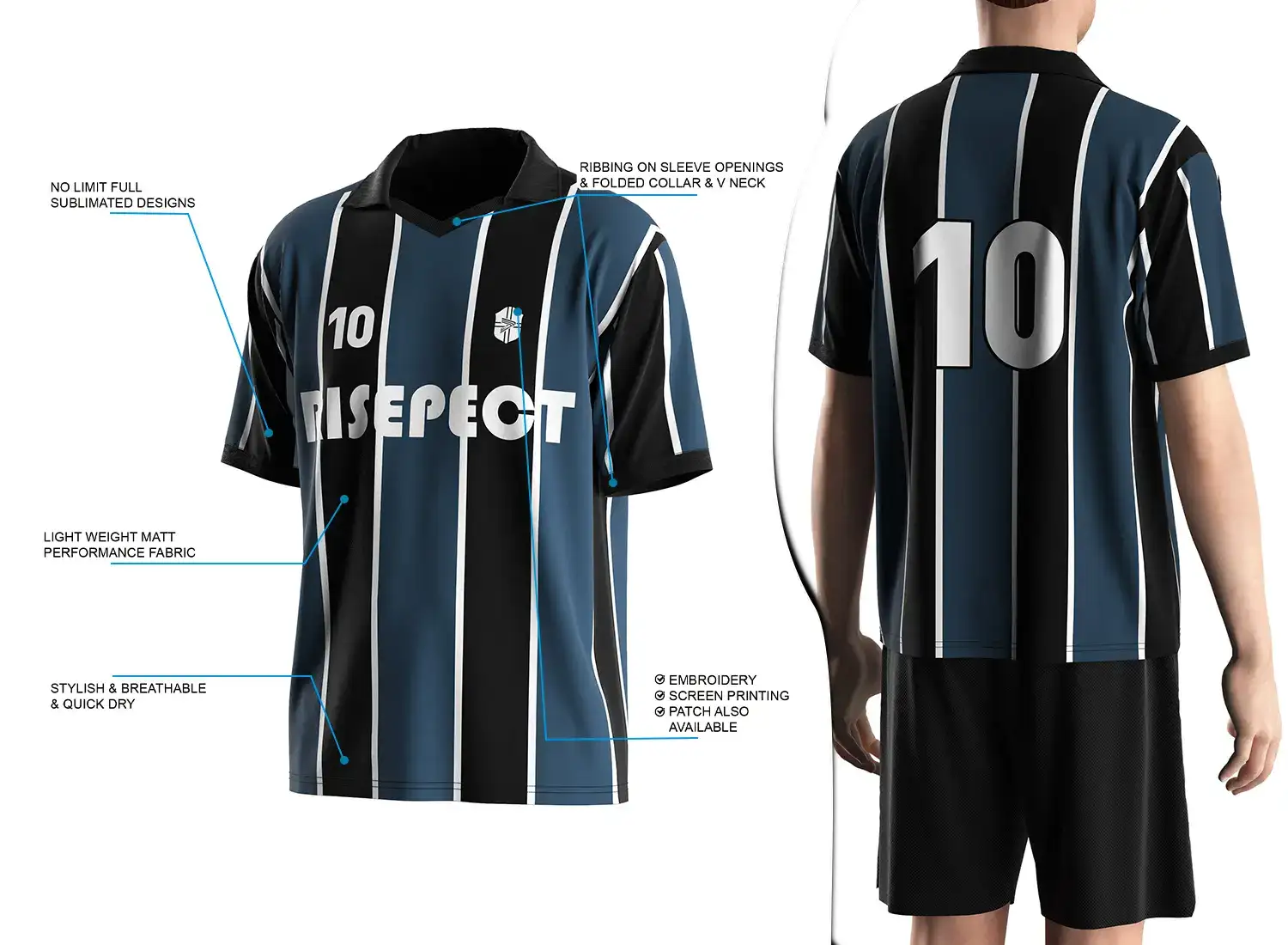 Vintage soccer jersey with a folded collar and small V-cut design shown on the left with feature highlights, and a male model wearing the jersey from the back view on the right.