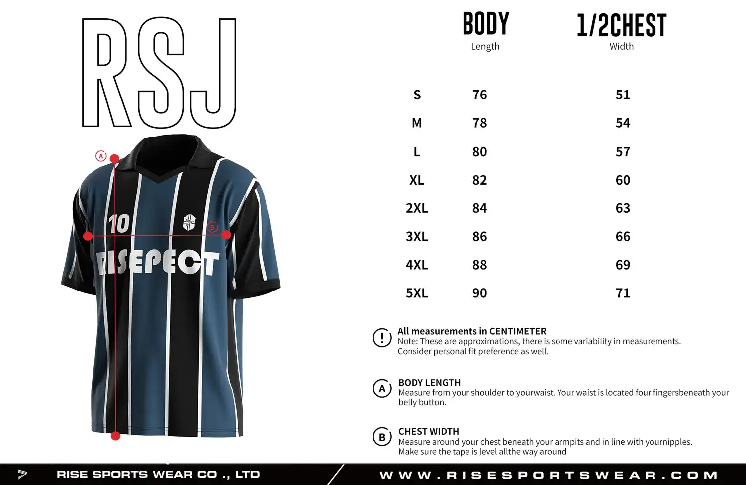 Adult size chart for the vintage soccer jersey with folded collar and V-cut neck, displaying garment length and half-chest width measurements.