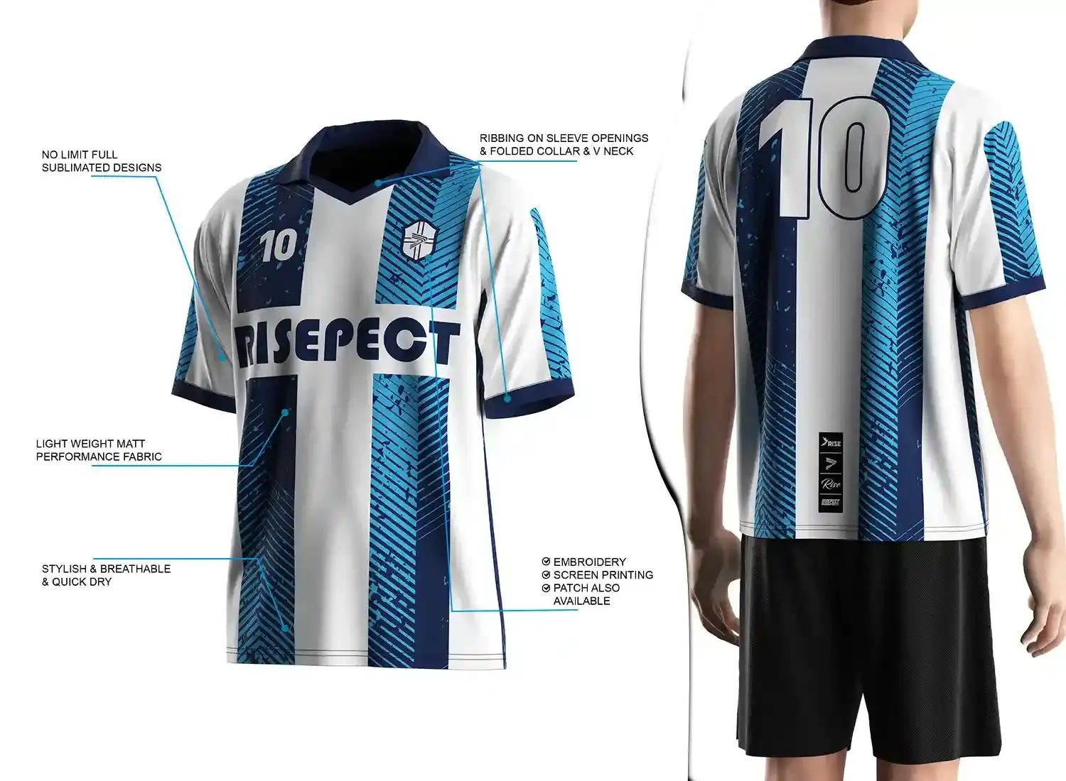 Vintage soccer jersey with a folded collar and small V-cut design shown on the left with feature highlights, and a male model wearing the jersey from the back view on the right.