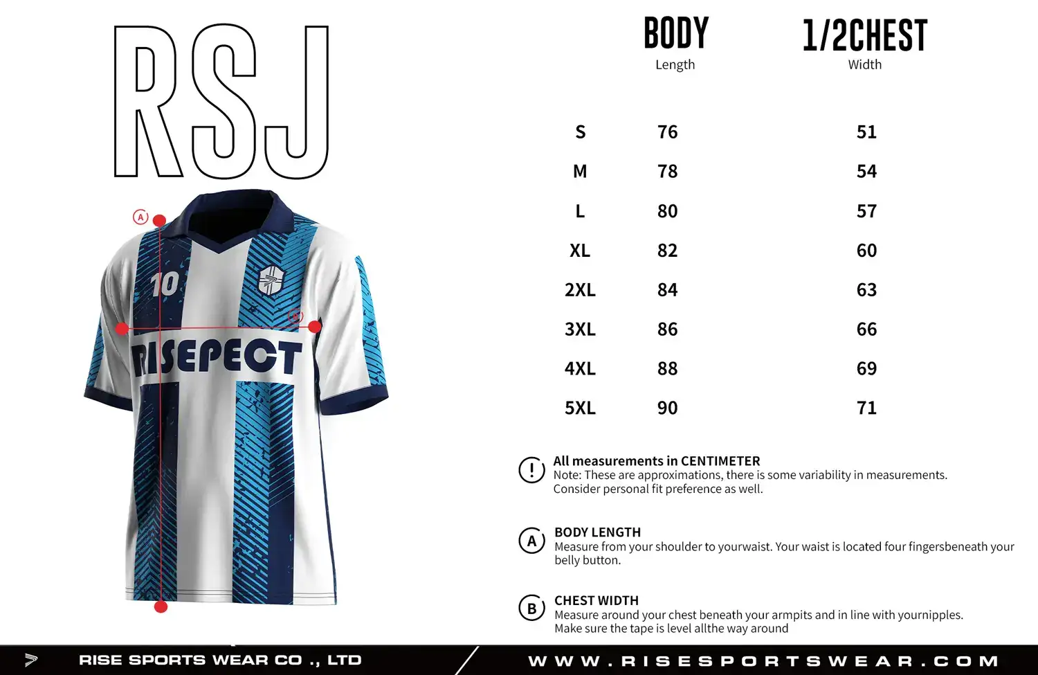 Adult size chart for the vintage soccer jersey with folded collar and V-cut neck, displaying garment length and half-chest width measurements.