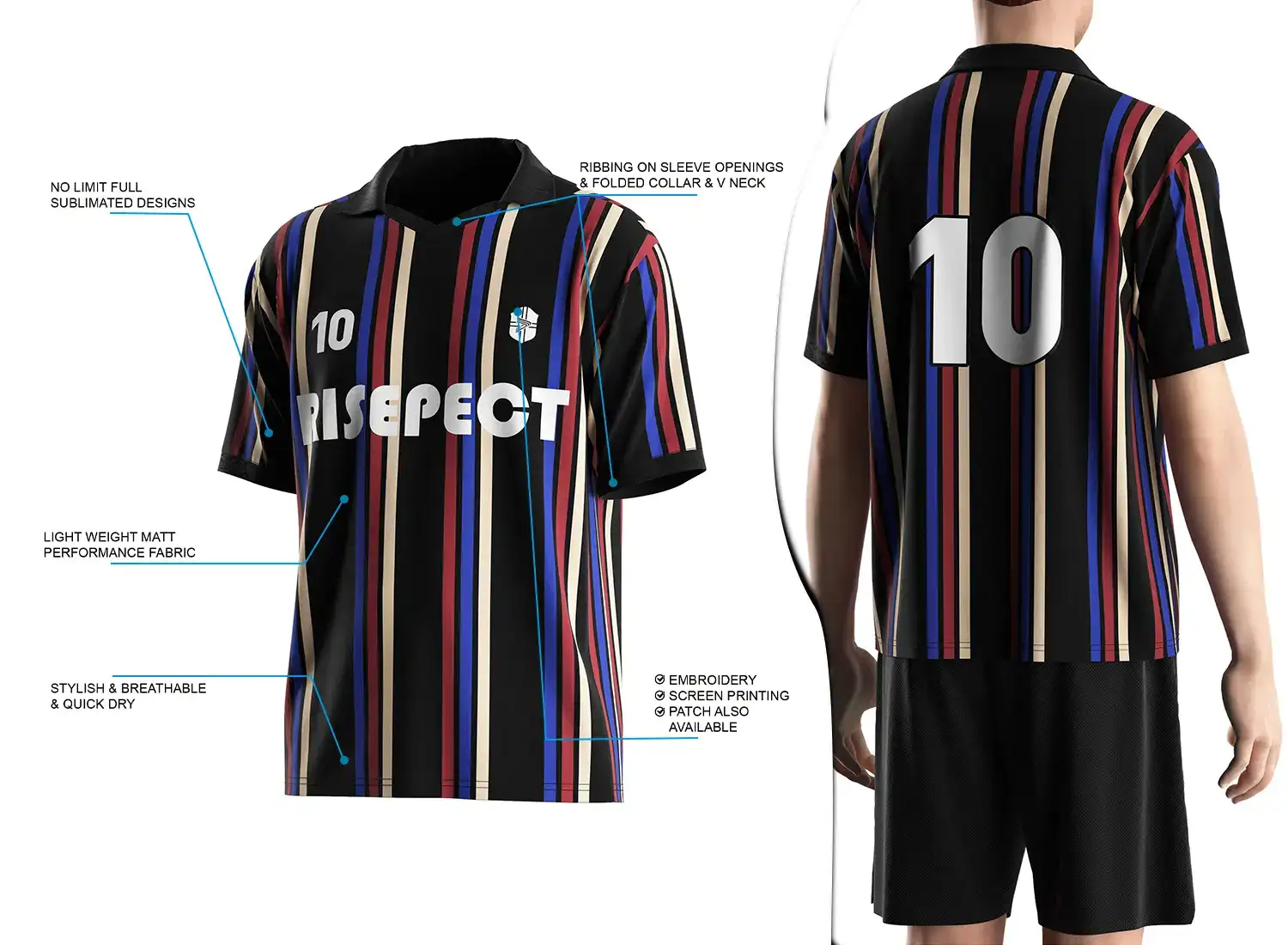 Vintage soccer jersey with a folded collar and small V-cut design shown on the left with feature highlights, and a male model wearing the jersey from the back view on the right.