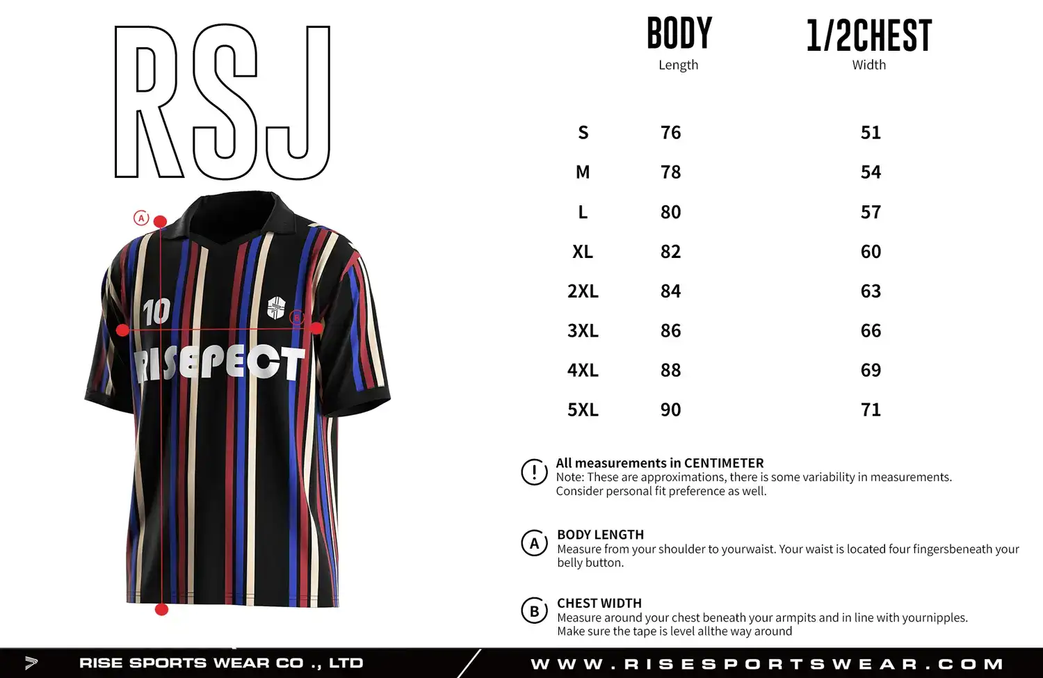 Adult size chart for the vintage soccer jersey with folded collar and V-cut neck, displaying garment length and half-chest width measurements.