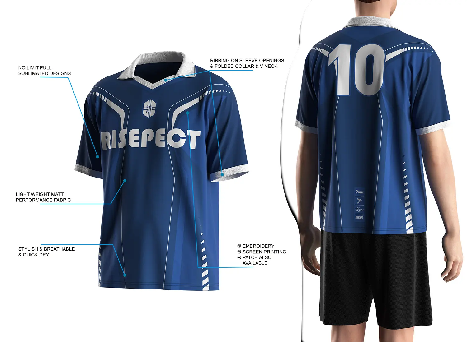 Vintage soccer jersey with a folded collar and small V-cut design shown on the left with feature highlights, and a male model wearing the jersey from the back view on the right.