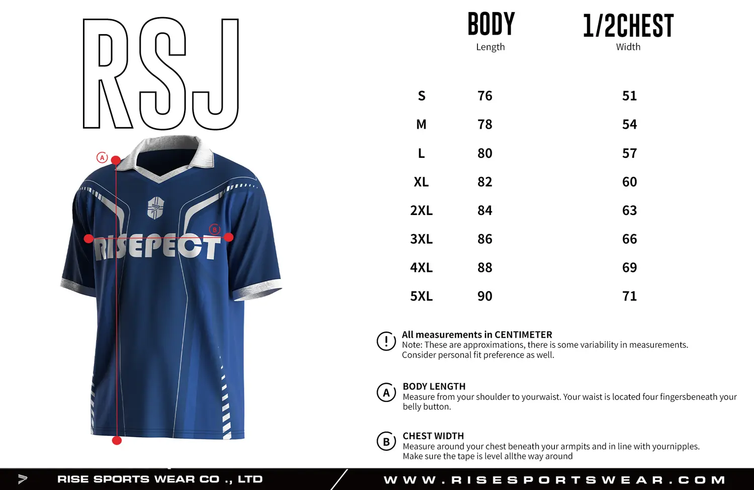 Adult size chart for the vintage soccer jersey with folded collar and V-cut neck, displaying garment length and half-chest width measurements.