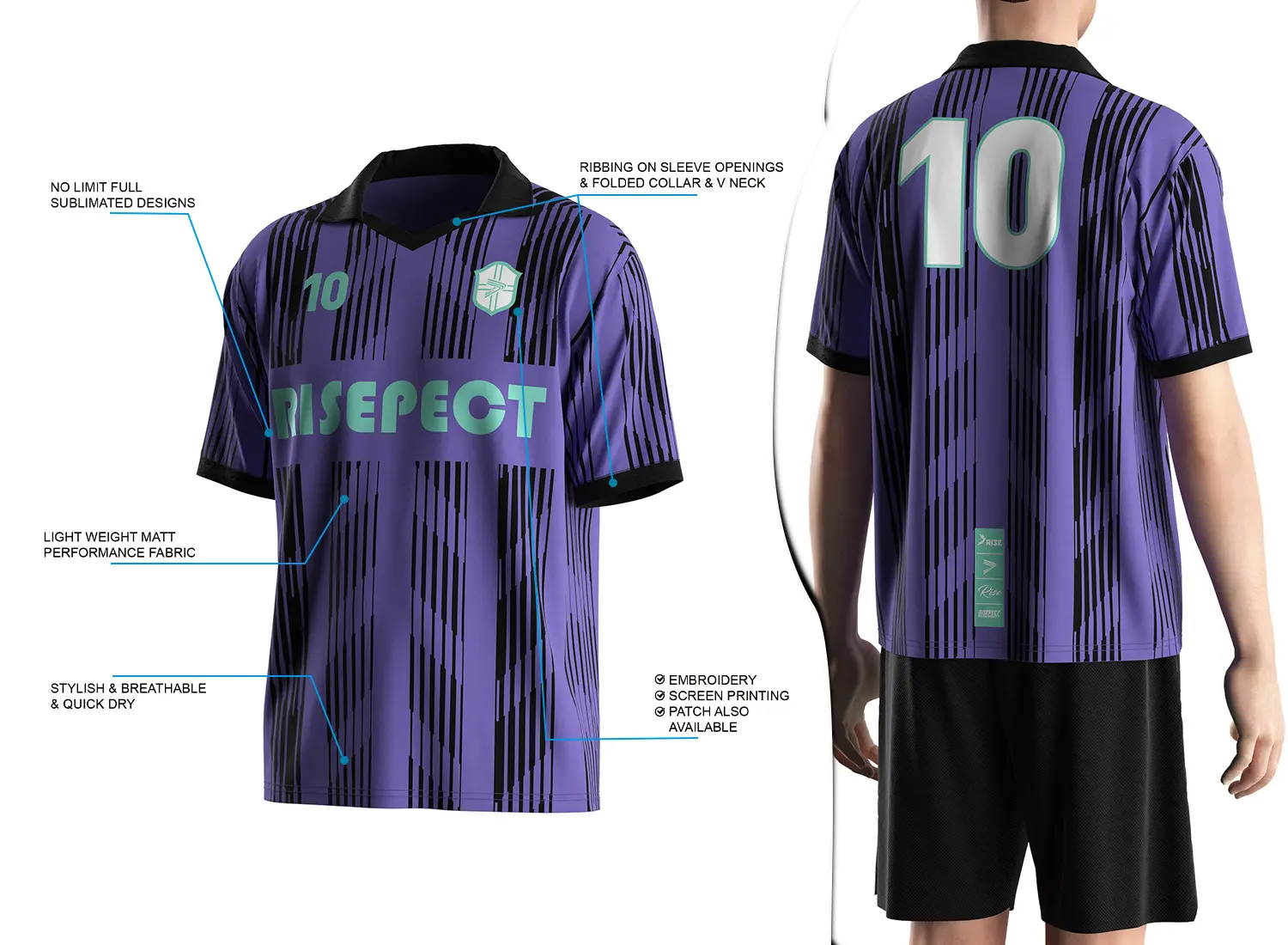 Vintage soccer jersey with a folded collar and small V-cut design shown on the left with feature highlights, and a male model wearing the jersey from the back view on the right.