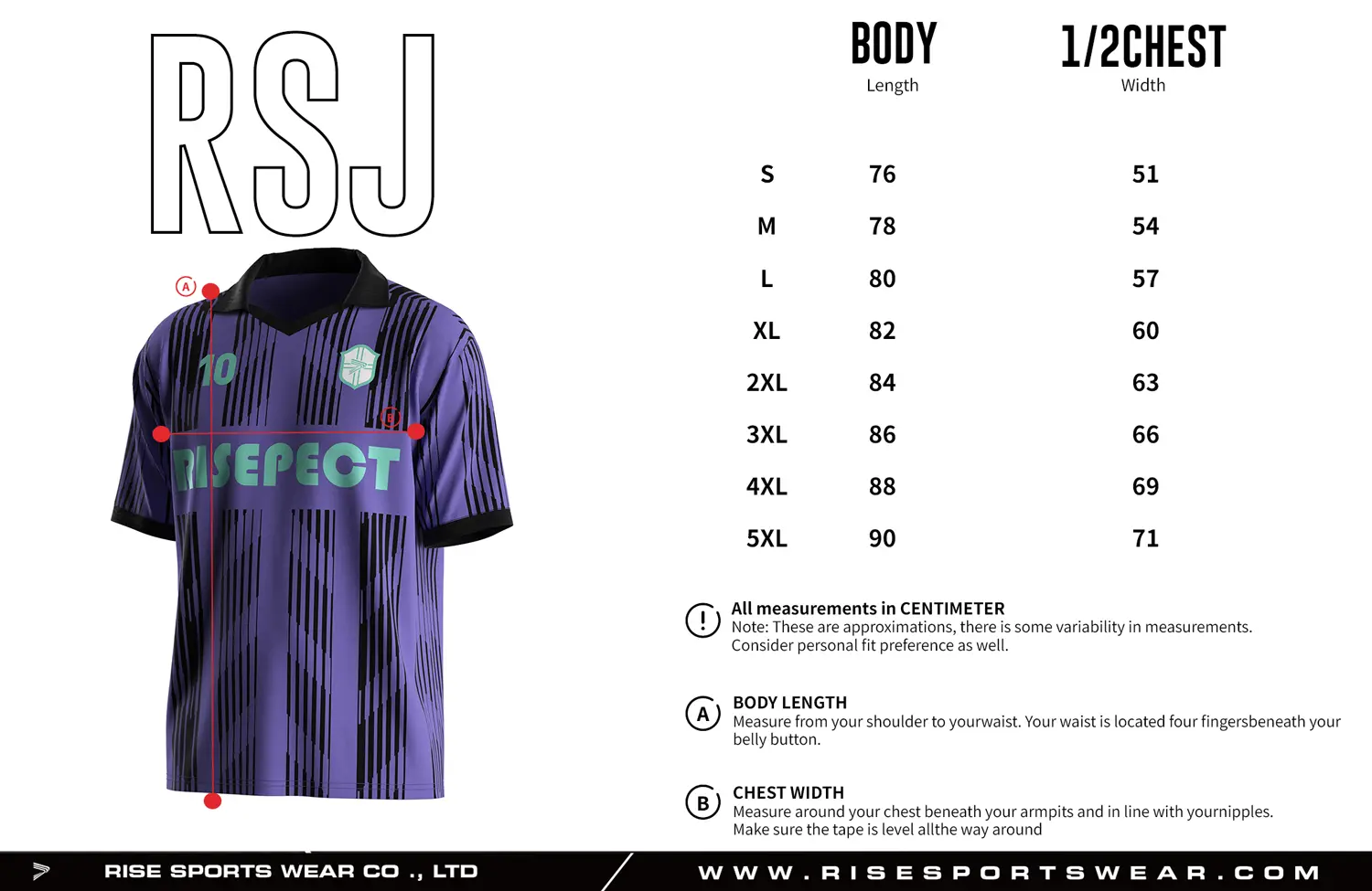 Adult size chart for the vintage soccer jersey with folded collar and V-cut neck, displaying garment length and half-chest width measurements.