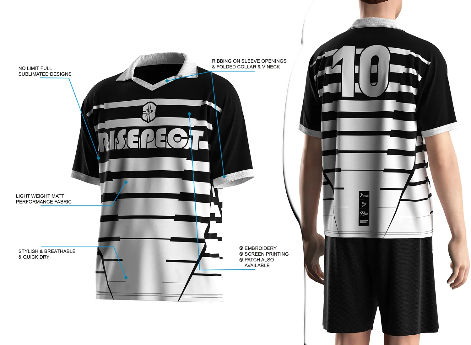 Vintage soccer jersey with a folded collar and small V-cut design shown on the left with feature highlights, and a male model wearing the jersey from the back view on the right.
