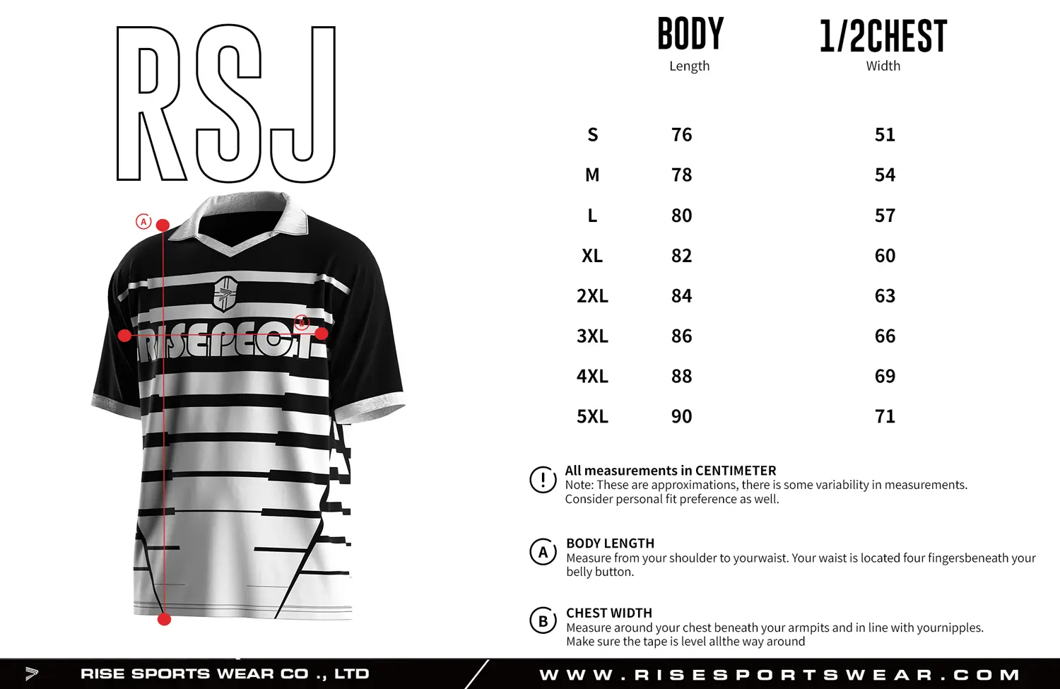 Adult size chart for the vintage soccer jersey with folded collar and V-cut neck, displaying garment length and half-chest width measurements.
