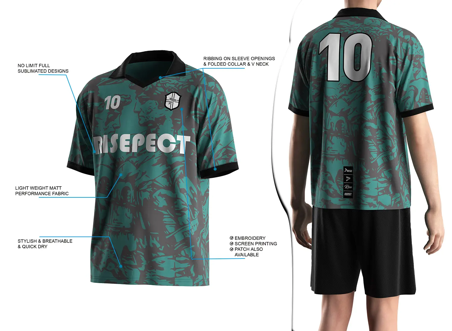 Vintage soccer jersey with a folded collar and small V-cut design shown on the left with feature highlights, and a male model wearing the jersey from the back view on the right.