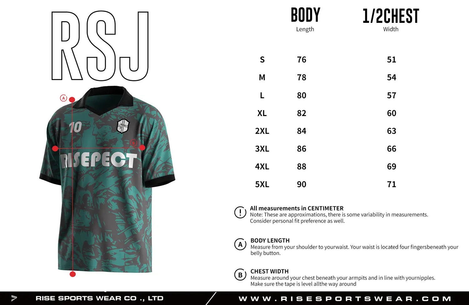 Adult size chart for the vintage soccer jersey with folded collar and V-cut neck, displaying garment length and half-chest width measurements.