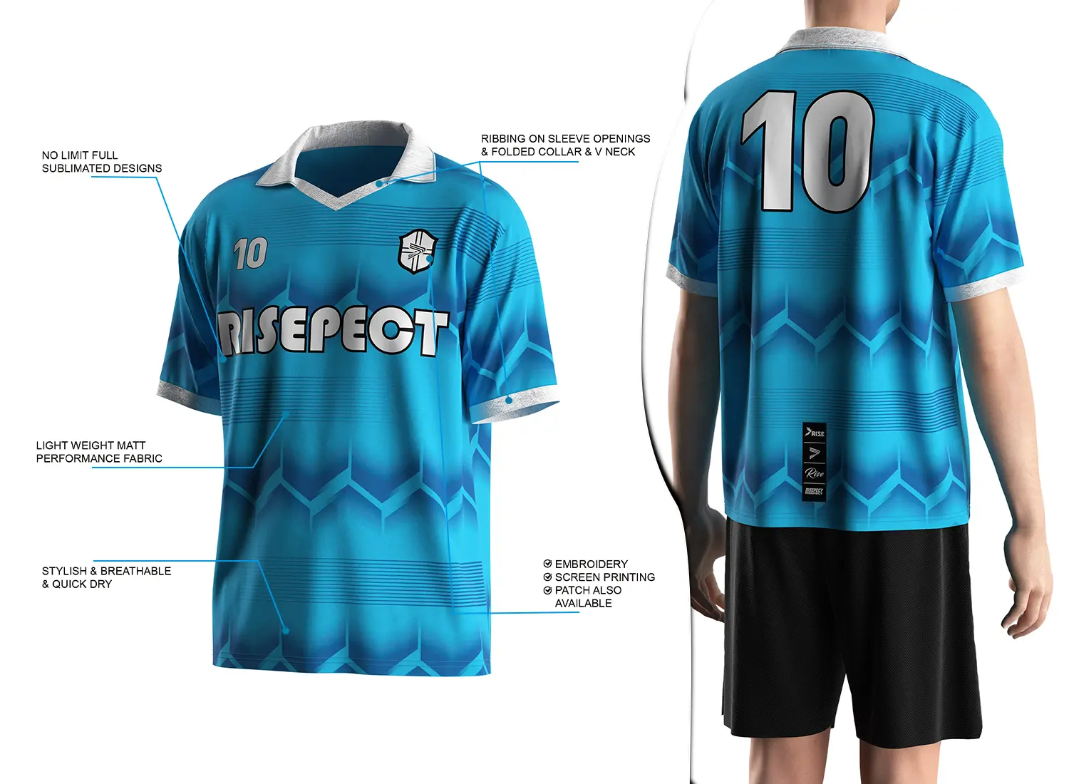 Vintage soccer jersey with a folded collar and small V-cut design shown on the left with feature highlights, and a male model wearing the jersey from the back view on the right.