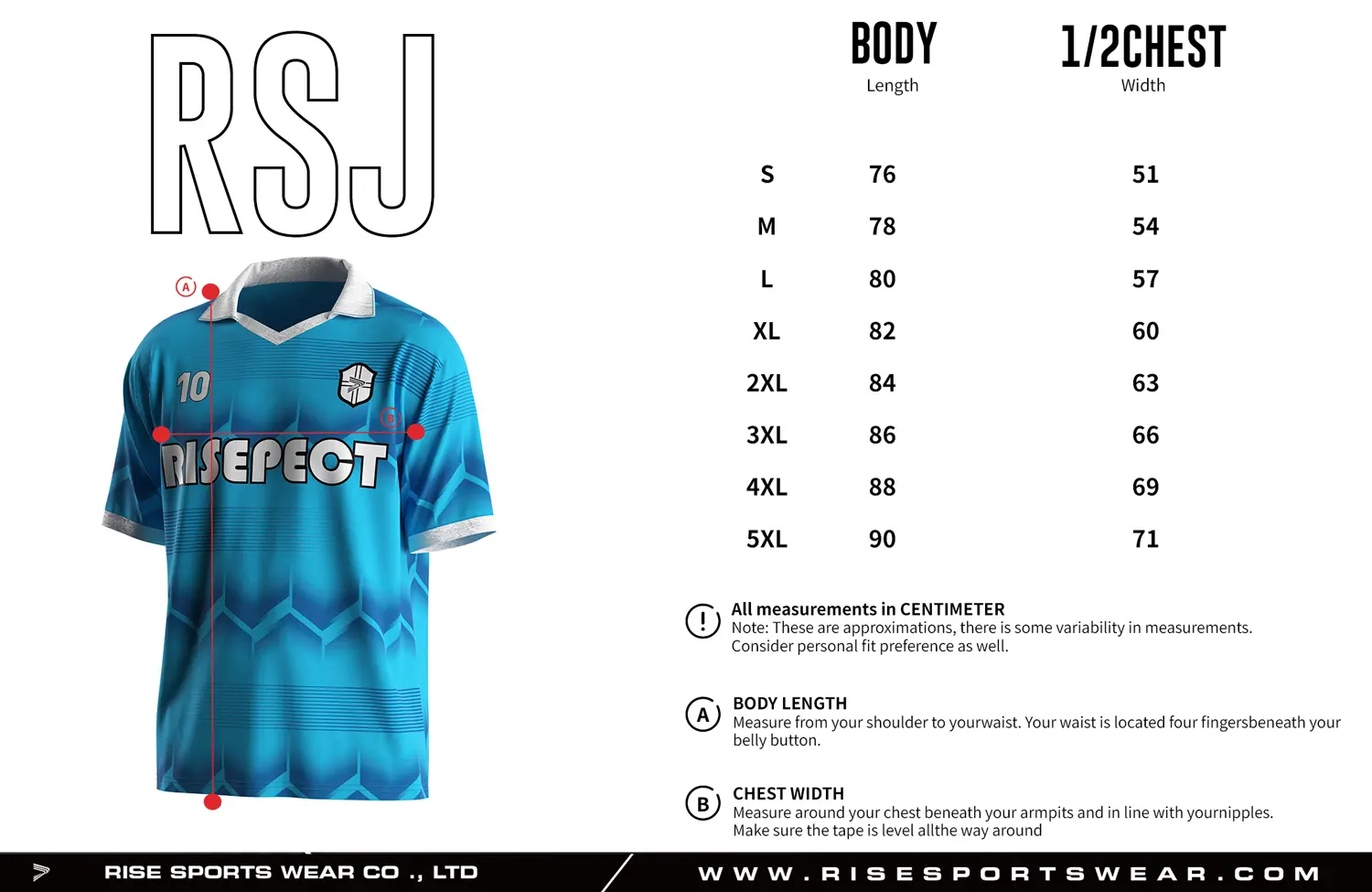 Adult size chart for the vintage soccer jersey with folded collar and V-cut neck, displaying garment length and half-chest width measurements.
